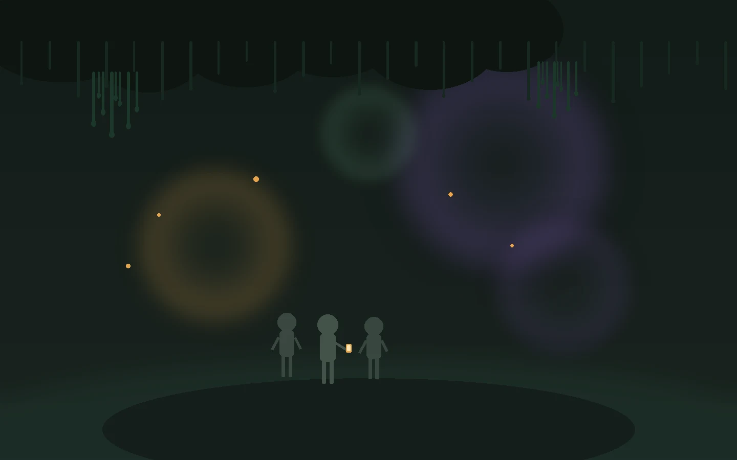 Original Inder illustration: night under a mossy tree canopy with soft violet and amber glows; three small silhouettes between sets, one holding a phone. Not official Hulaween art.