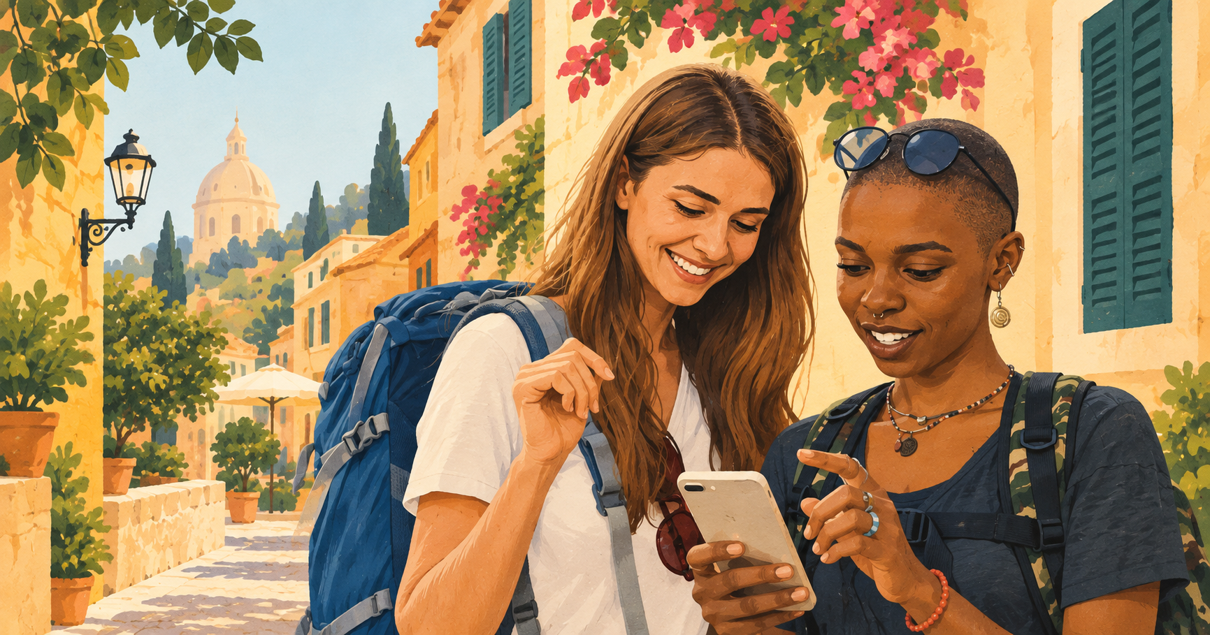 Two travelers compare a phone while exploring a warm public city street.