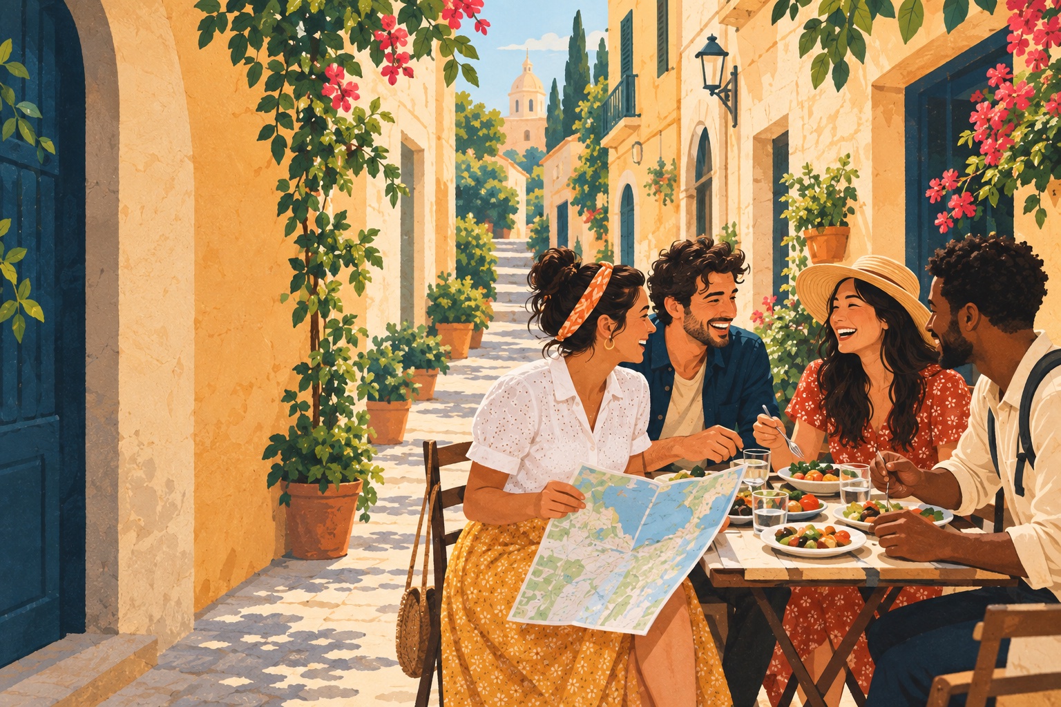 Four travelers laugh together over food and a map at a sunny city cafe.
